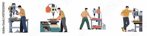 Collection of illustrations showing industrial workers operating various drilling machines and metalworking equipment in a factory workshop setting.
