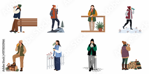 Vector illustration collection of diverse people in warm outdoor clothing drinking from reusable thermoses and cups in various autumn and winter scenes.