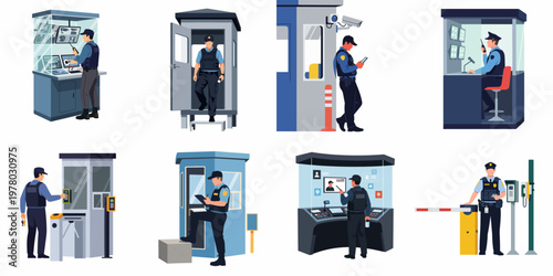 A set of flat vector illustrations featuring security guards performing various duties such as monitoring surveillance, patrolling, and managing access control points.