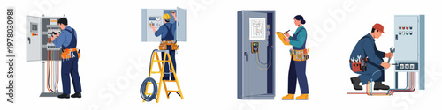 Set of professional electricians in uniforms performing maintenance and installation on electrical panels and control boxes, flat vector illustrations on white background.
