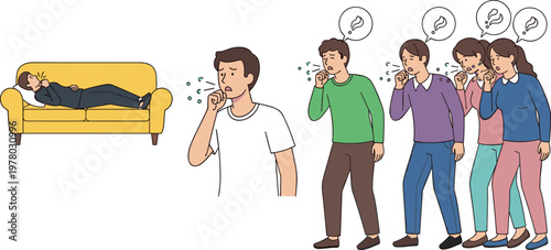 People coughing and sick symptoms set with man lying on sofa and group illness concept vector illustration collection