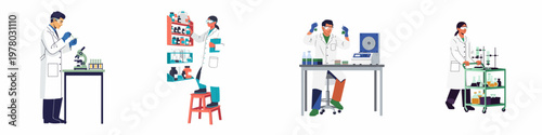 A set of flat vector illustrations depicting various male and female scientists conducting research and experiments in a professional laboratory environment.