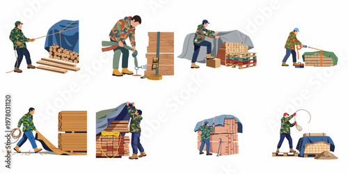 Vector illustrations of workers in camouflage securing and protecting stacks of lumber with tarpaulins, ropes, and straps in various storage scenarios.