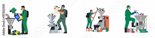 Flat vector illustrations of industrial workers in protective gear processing plastic waste through recycling shredders and machinery on a white background.