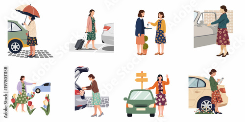 Set of flat illustrations featuring a woman in various car-related scenarios including travel, rental, car sharing, and everyday vehicle use.
