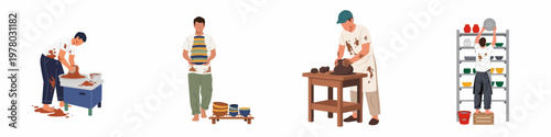 Set of male potters working with clay, making ceramic bowls and plates, isolated on white background.