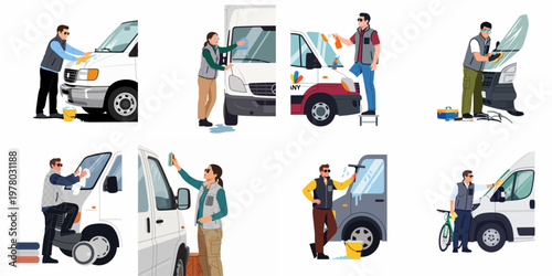 Set of flat illustrations showing professional male and female workers cleaning and maintaining white commercial delivery vans and transport vehicles.