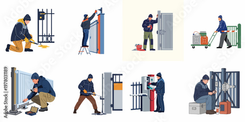 Comprehensive collection of technicians performing maintenance, repair, and installation tasks on automatic gates, metal fences, and security doors.