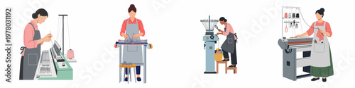 A collection of flat vector illustrations depicting female textile workers operating professional knitting machines in a modern garment manufacturing factory and workshop.