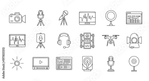 Podcasting and Video Production Equipment Line Icon Set