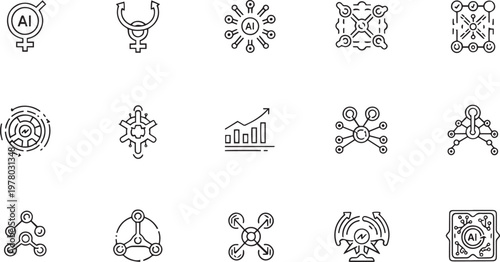 Artificial Intelligence and Neural Network Technology Line Icon Set