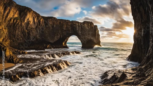 Dramatic Ocean Archway Rock Formation, Crashing Waves, Coastal Landscape, Golden Hour Sunlight