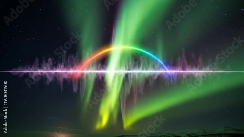 Aurora Borealis and Rainbow Soundwave Over Starry Night Sky