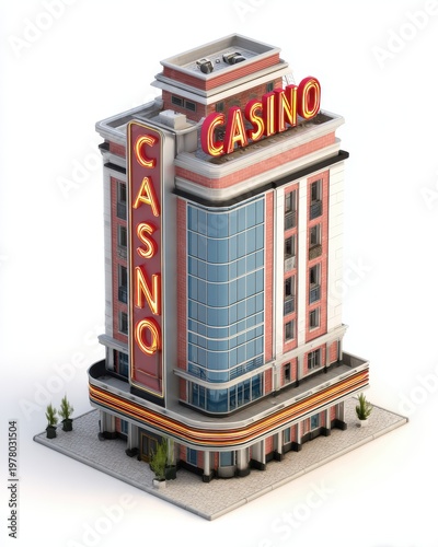 Art Deco Casino Building With Neon Signage Lit Up At Night Detailed Isometric View