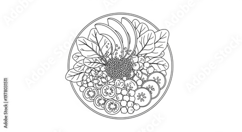 Stylized monochrome illustration of a wholesome healthy food bowl, packed with fresh fruits, leafy greens, and nutrient-rich ingredients, embodying a balanced diet concept