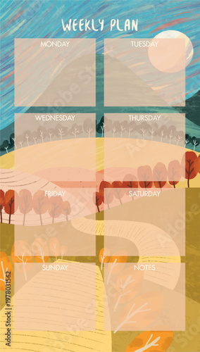 Print at home weekly planner sheet with fun landscape background
