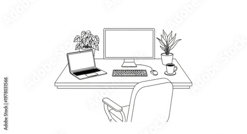 Simple black and white illustration of a home office desk setup with a computer, laptop, keyboard, mouse, coffee cup, and chair, alongside potted plants for a clean aesthetic