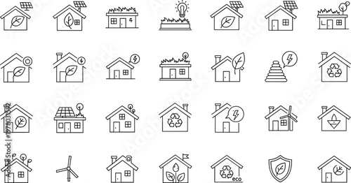 Eco Friendly Smart Home Icons Set with Renewable Energy Solar Panels Wind Turbines Green House Sustainability Outline Vector Collection