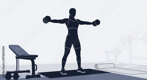 Woman performing lateral dumbbell raises for shoulder workout, gym equipment in background