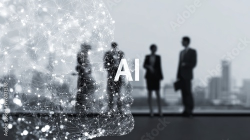 Artificial Intelligence Head Silhouette With Blurred Business People And Cityscape Background