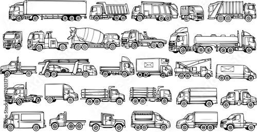 Foto Detailed Hand-Drawn Sketch Set of Diverse Commercial Trucks and Transport Vehicl