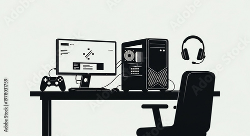 Modern gaming setup with desktop computer, headset, and game controller on a desk