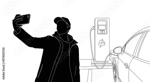 Capturing a moment of modern life A person takes a smartphone selfie next to an electric vehicle charging station, symbolizing personal tech and sustainable future