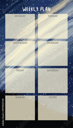Print at home weekly planner sheet with starry night landscape background