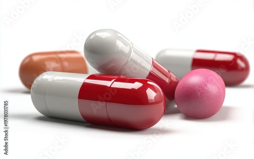 Assorted Pharmaceutical Capsules And Pills Scattered On A White Background With Soft Shadows