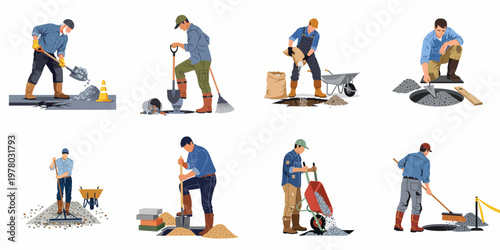 A set of illustrations showing construction workers performing various manual labor tasks like shoveling, digging, raking, and sweeping at a work site.