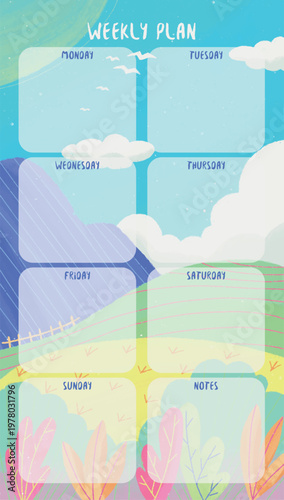Print at home weekly planner sheet with fun landscape background
