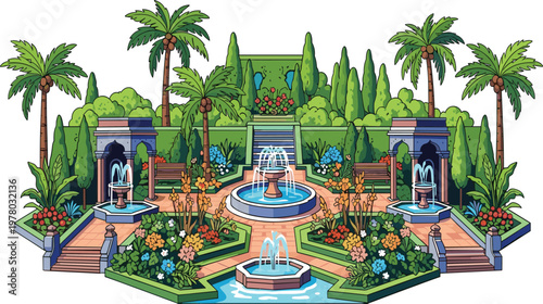 Tropical Mughal garden vector illustration with lush plants fountains and ornamental pathways for wall murals