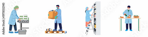 Flat illustration of pharmaceutical warehouse staff managing medicine inventory, packaging products on conveyor belts, and organizing supplies on shelves.