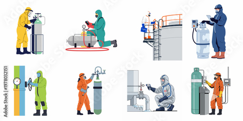 Industrial workers in various protective hazmat suits performing maintenance and safety inspections on gas cylinders and machinery.