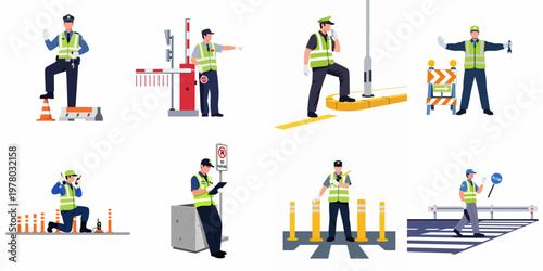 A comprehensive set of flat vector illustrations depicting traffic control officers and security personnel performing various duties for road safety and public order.