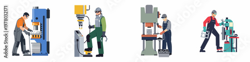 Set of flat vector illustrations showing industrial factory workers operating heavy machinery and equipment in a manufacturing plant environment.