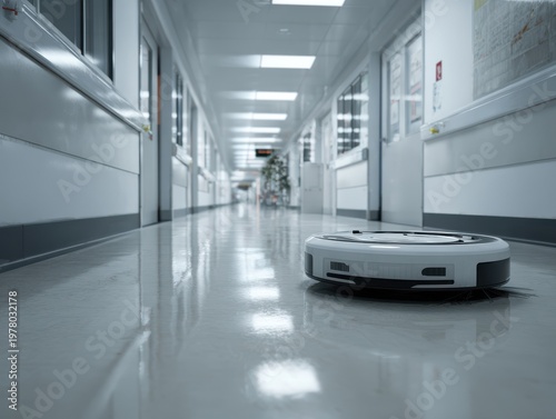 Automated Cleaning Robot Navigating A Long White Hospital Corridor With Bright Overhead Lighting
