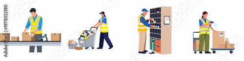 Flat vector illustrations of postal and warehouse workers sorting mail, scanning packages, and managing logistics in a distribution center.