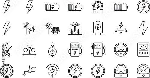 Energy and electricity line icons set with power battery charging renewable sources voltage meter and electrical technology concepts