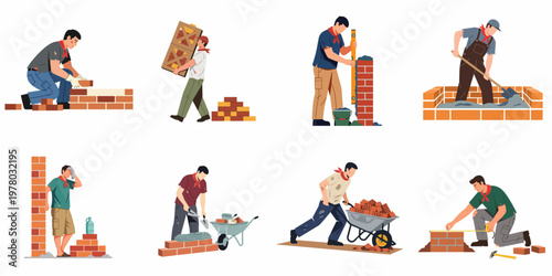 Set of construction workers and bricklayers performing various building tasks, including masonry, material transport, and site measurement in a flat vector illustration.