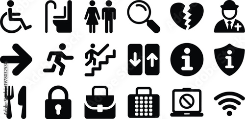 Public Area Wayfinding Glyph Icon Bundle Vector Set, Black Silhouette Navigation Symbols for Escalator, Elevator, Stairs, Info Desk, Fire Extinguisher, Food Court, Airports and Malls