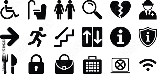 Public Area Wayfinding Glyph Icon Bundle Vector Set, Black Silhouette Navigation Symbols for Escalator, Elevator, Stairs, Info Desk, Fire Extinguisher, Food Court, Airports and Malls