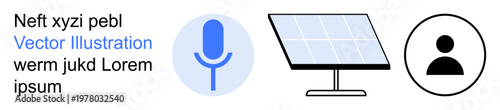 Renewable energy, personal identity, voice recognition, sustainability, renewable technology, clean energy. Microphone, solar panel and user profile icon. Voice recognition and renewable energy