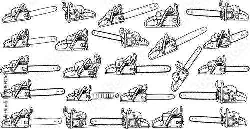 Seamless Monochrome Chainsaw Pattern: Hand-Drawn Line Art Background for Woodcutting, Forestry, and Industrial Themes