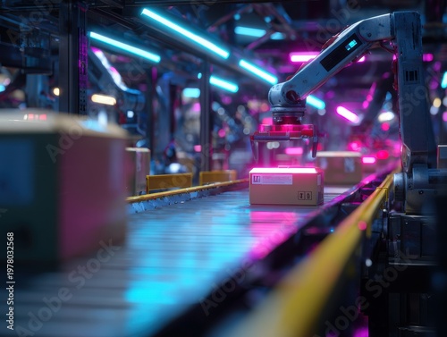 Automated Robotic Arm Moving Cardboard Boxes On A Conveyor Belt In A Futuristic Factory With Neon Lighting