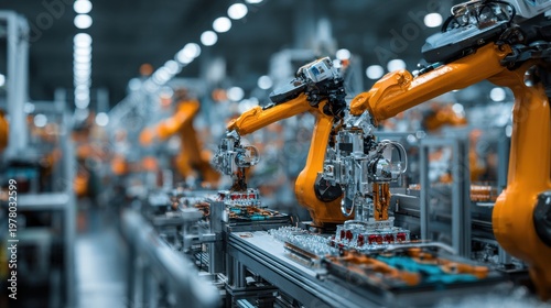 Automated Robotic Arms Working on an Industrial Assembly Line in a Modern Factory