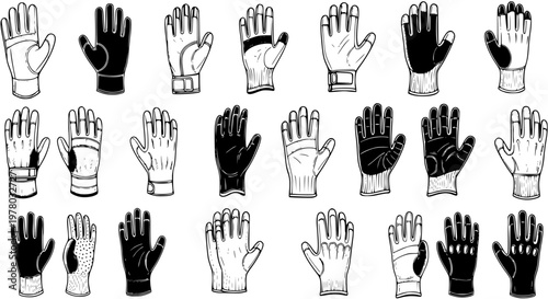 Hand-drawn Doodle Style Set of Various Gloves: Work, Sport, Safety, and Casual Handwear Collection