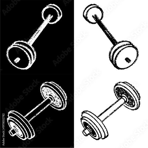 Set editable chalk drawing barbell and dumbbell vector for physical education. Ideal for symbolizing vintage gym fitness, chalkboard lifting, and health.