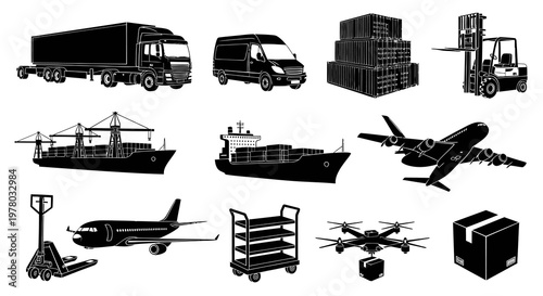 Global Logistics Cargo and Freight Transportation Silhouette Set