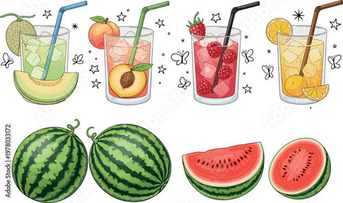 Fresh fruit juice vector illustration set featuring watermelon melon peach raspberry and citrus drinks with ice in glass cups